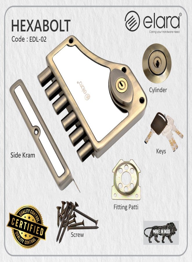 إلارا قفل باب Elara Deadbolt Hexabolt 2CK للباب الرئيسي، قفل مزلاج، قفل باب داخلي الفتح مع 4 مفاتيح نحاسية قابلة للعكس (عتيق، EDL-02، Hexabolt، مفتاح فائق) - Image 4